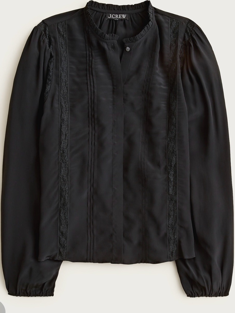 J. Crew Black Lace Trim Pintuck Ruffle Collar Top in Crepe de Chine, Sz 18, NWT